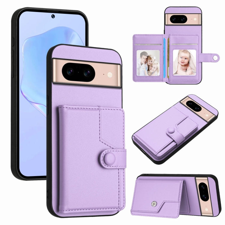 Purple phone card bag case with wallet flap, card slots, and button strap for anti-theft