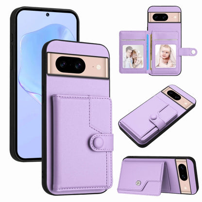 Purple phone card bag case with wallet flap, card slots, and button strap for anti-theft