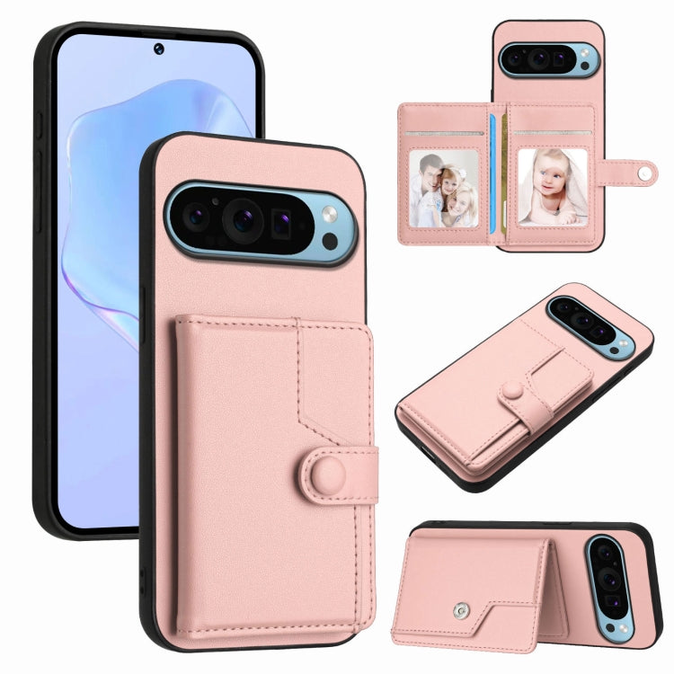 Pink RFID anti-theft phone case with card slots and snap-button wallet flap