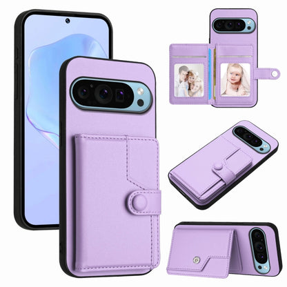 Purple RFID phone wallet case with card holders and snap closure on the front