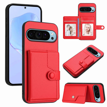 Red RFID anti-theft phone case with card slots and snap-button wallet flap