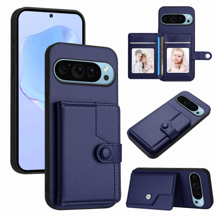 Navy RFID anti-theft phone case with card pockets and snap-button wallet flap