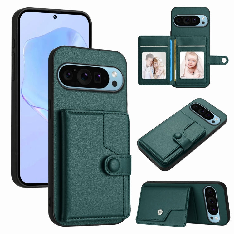 Green RFID anti-theft phone case with card slots and snap-button wallet flap