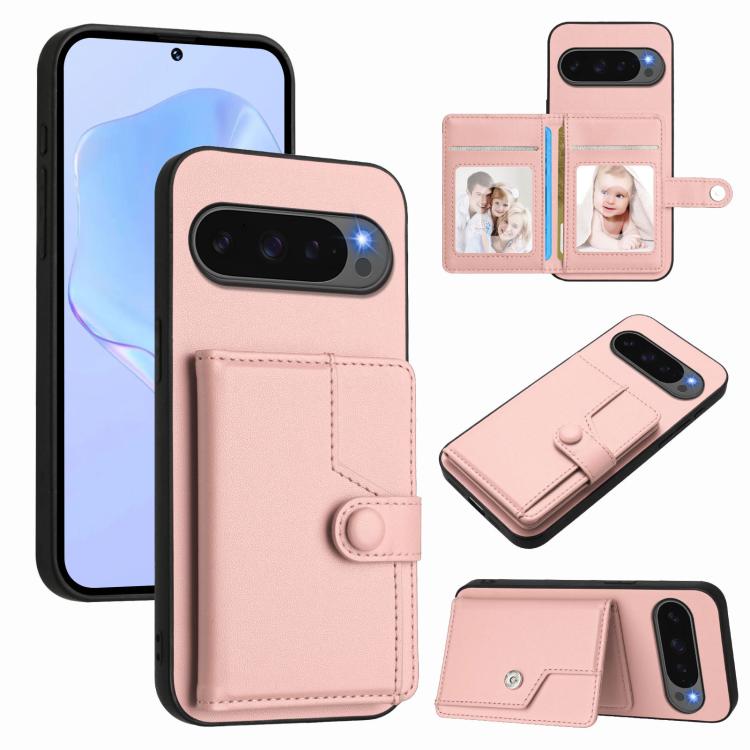 Pink leather-style phone case with card wallet, RFID slots, and snap button strap.