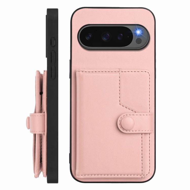 Pink leather-style phone case with card holder and snap button strap, side view.