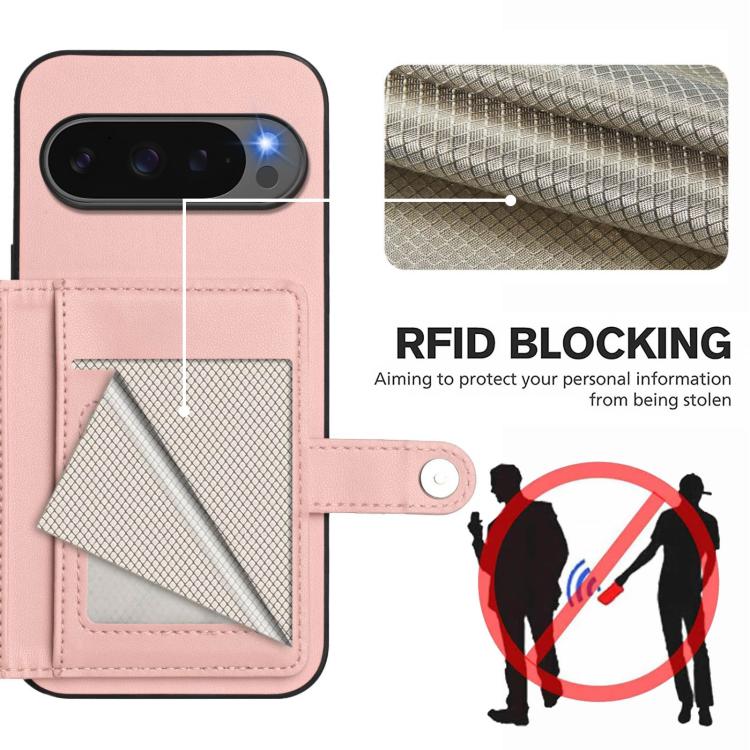 Pink phone case with card wallet and RFID mesh pocket, snap button strap.