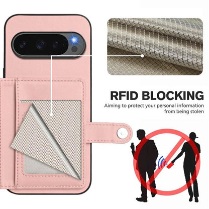 Pink phone case with card wallet and RFID mesh pocket, snap button strap.