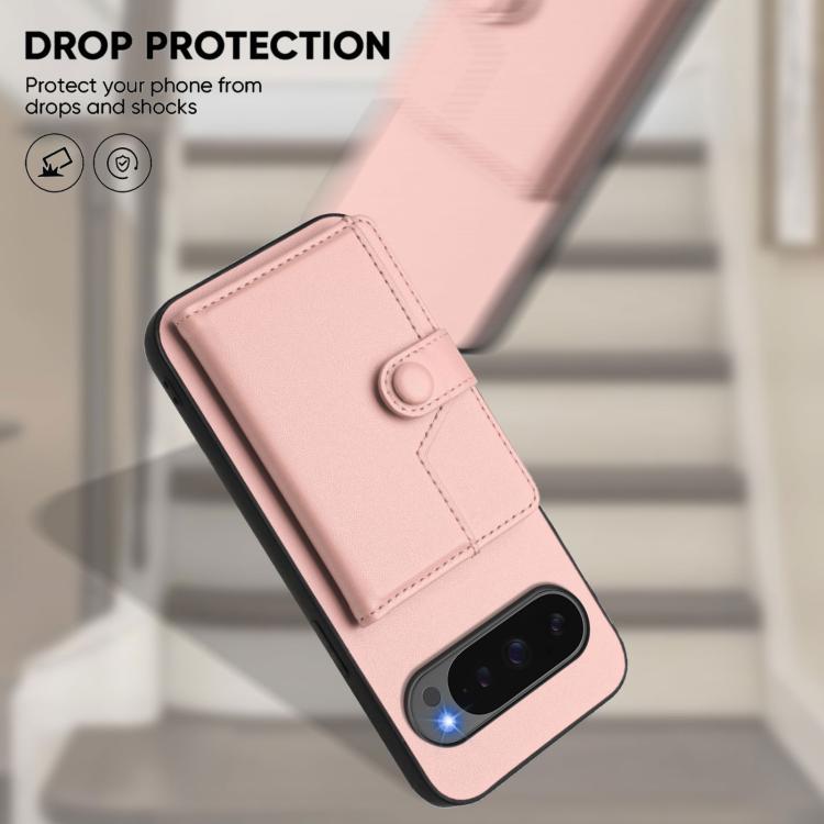 Pink leather-style phone case with card wallet cover and snap button strap, drop protection.