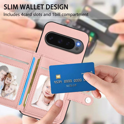 Pink phone wallet case with card slots and snap button strap; phone held in hand.