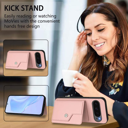 Pink phone wallet case with card holder and snap button strap; kickstand use shown.