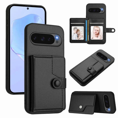 Black leather-style phone case with card wallet, RFID slots, and snap button strap.