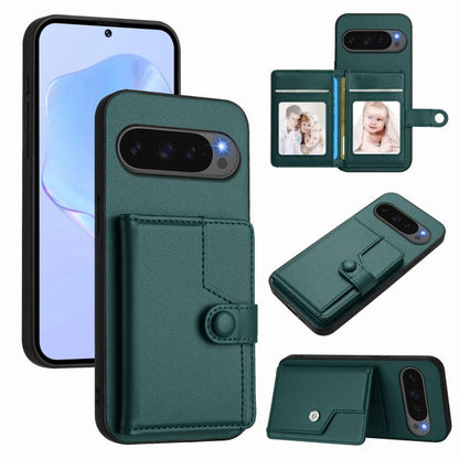 Teal leather-style phone case with card slots and button closure, for anti-theft protection