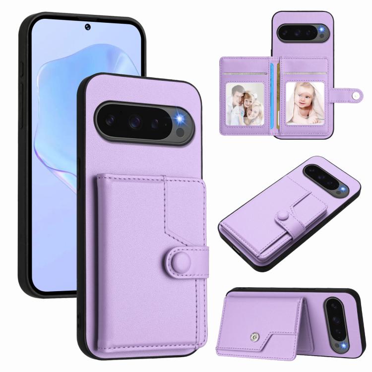 Purple leather-style phone case with card slots and button closure, anti-theft RFID wallet style