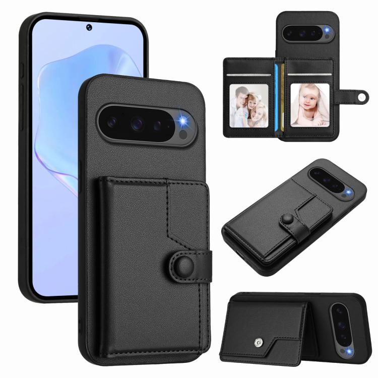 Black leather-style phone case with card slots and button closure, anti-theft RFID wallet style