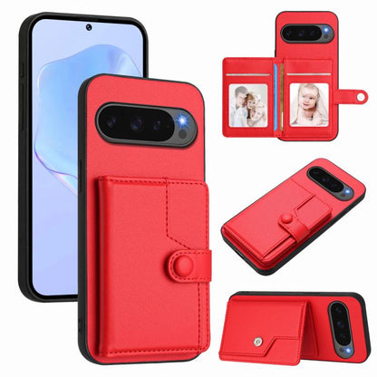 Red leather-style phone case with card slots and button closure, anti-theft RFID wallet style