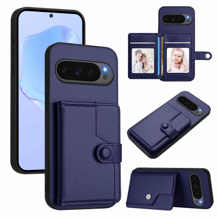 Navy leather-style phone case with card slots and button closure, anti-theft RFID wallet style