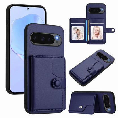 Navy leather-style phone case with card slots and button closure, anti-theft RFID wallet style