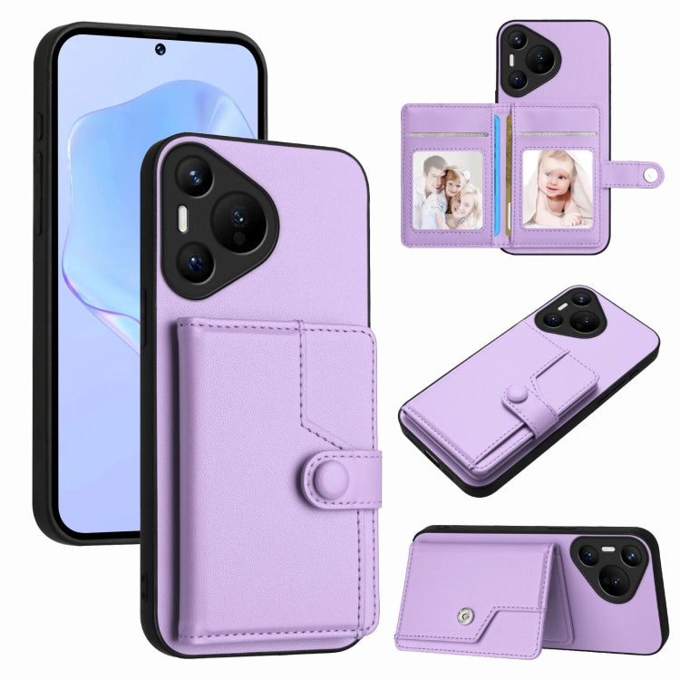 Purple flip phone case with card slots and snap button closure for smartphone