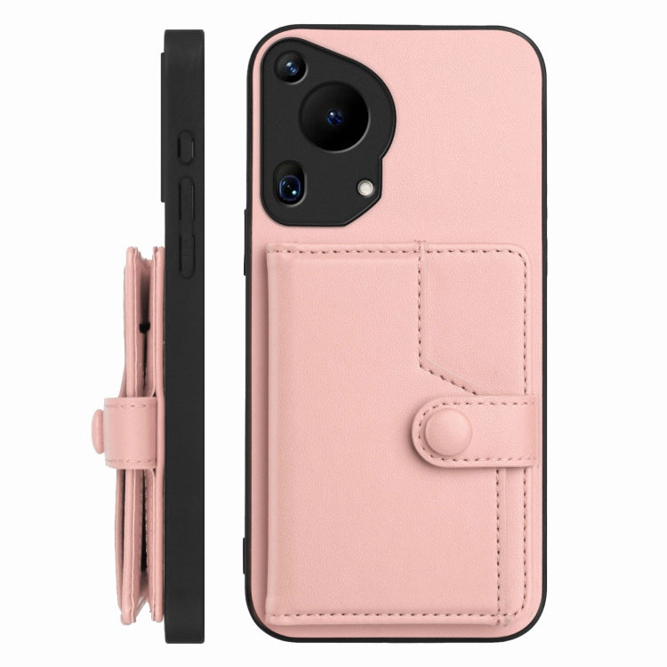Pink button phone case with card holder, shown from side and front