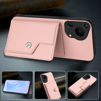Pink phone case with card holder flap and button closure, back view