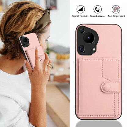 Pink phone case with card holder, worn in hand