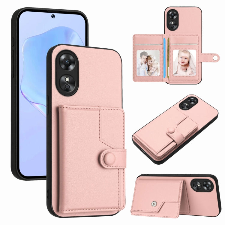 Pink RFID phone card holder case with button strap and side card slots