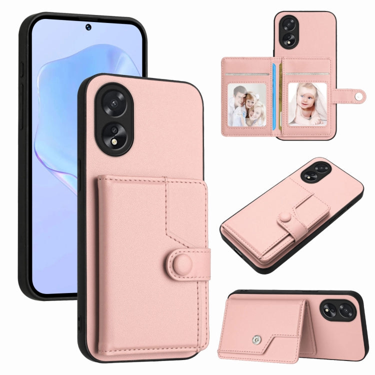 Pink RFID phone wallet case with card slots and foldover flap with button strap