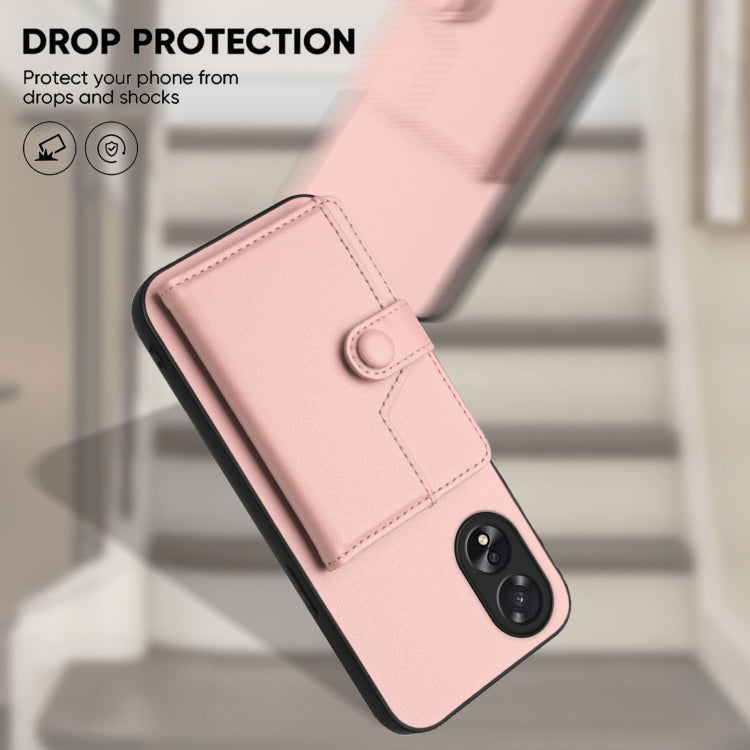 Pink phone wallet case with foldover cover and button closure on phone