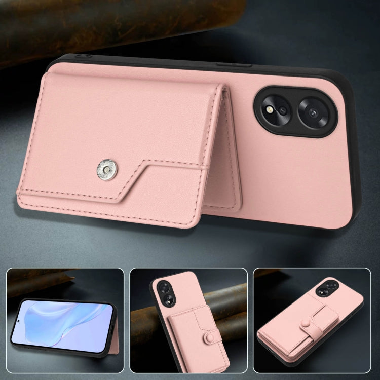 Pink phone wallet case with foldover flap, card pocket, and snap button closure
