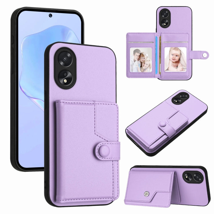 RFID card holder phone case with button closure, purple leather-look wallet