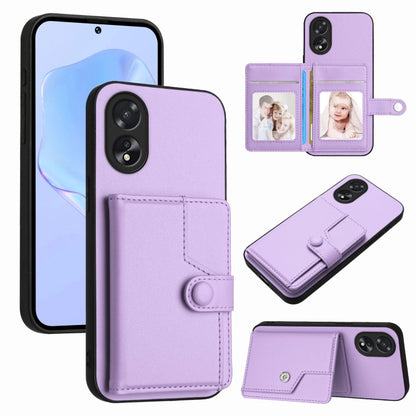 RFID card holder phone case with button closure, purple leather-look wallet