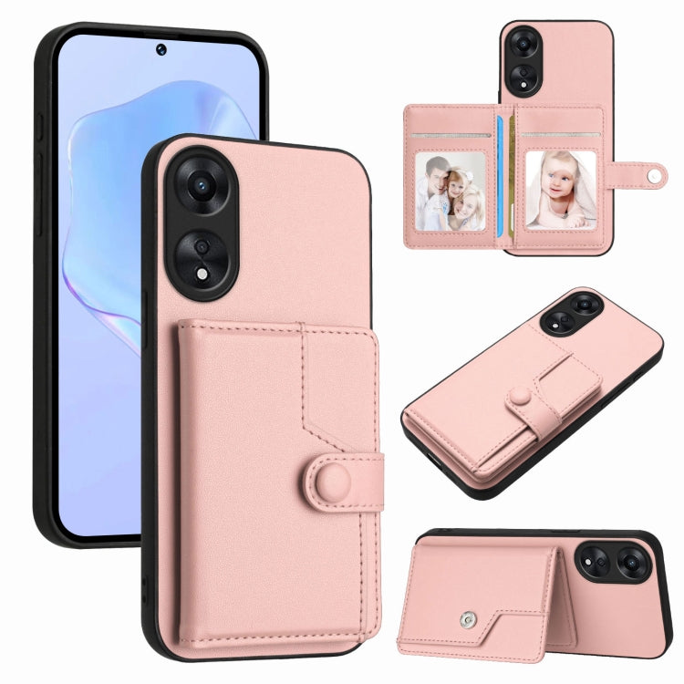 Pink RFID anti-theft phone case with flip wallet, button strap, and card slots