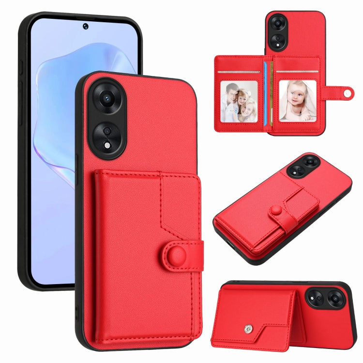 Red RFID anti-theft phone case with flip wallet and card slots, button strap