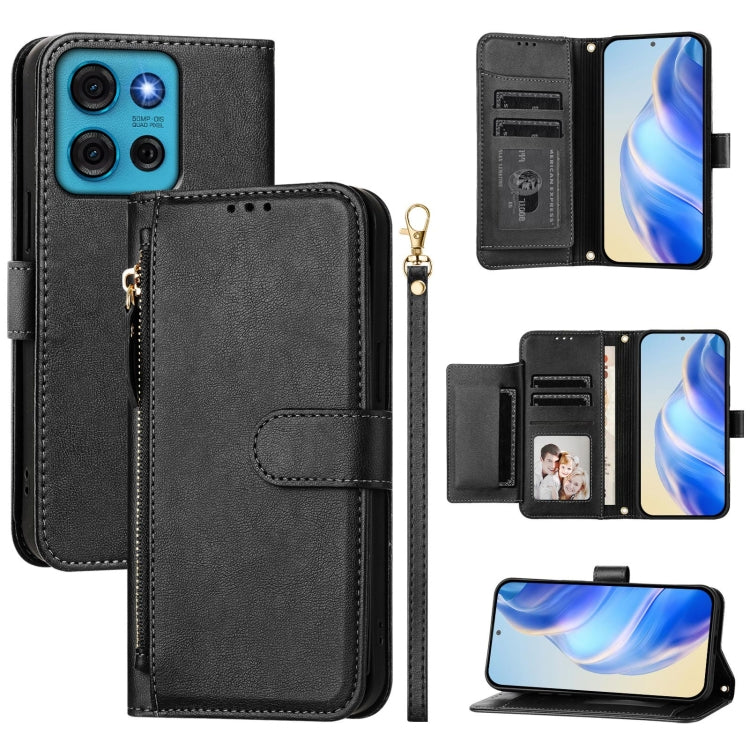 Black leather wallet phone case with zipper, multi-card slots, and foldover phone holder