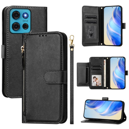 Black leather wallet phone case with zipper, multi-card slots, and foldover phone holder