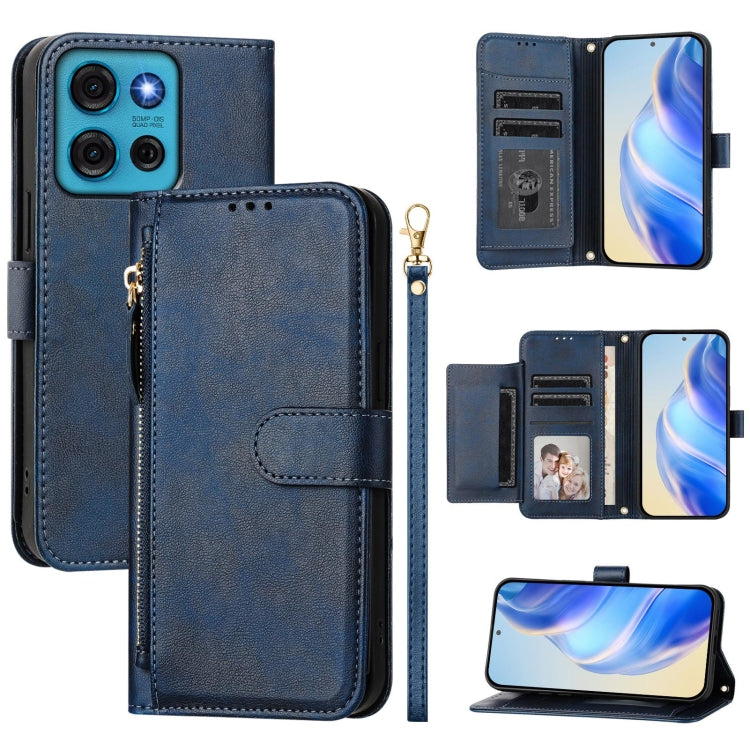 Blue leather wallet phone case with zipper, multi-card slots, and foldover phone holder