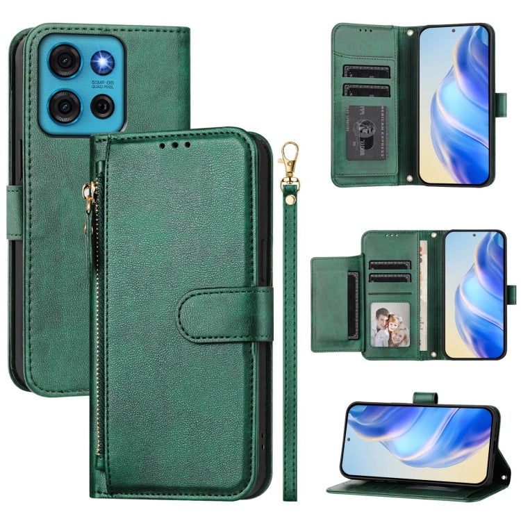 Green leather wallet phone case with zipper pull, multi-card slots, and stand-ready fold
