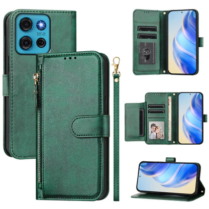 Green leather wallet phone case with zipper pull, multi-card slots, and stand-ready fold
