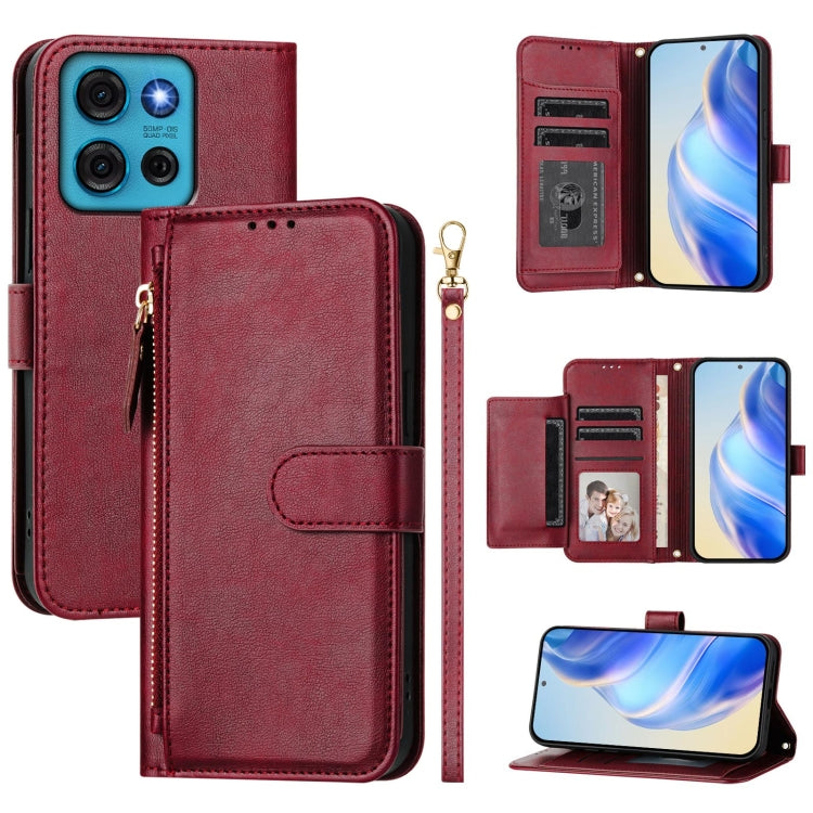 Burgundy leather wallet phone case with zipper pull, multi-card slots, and stand-ready fold