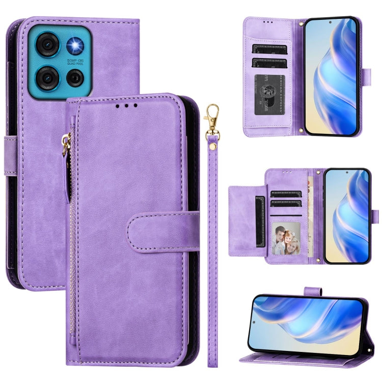 Purple leather wallet phone case with zipper pull, multi-card slots, and stand-ready fold