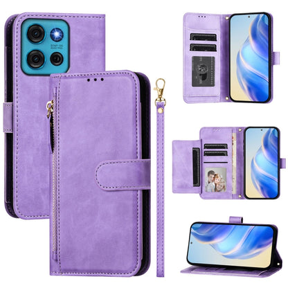 Purple leather wallet phone case with zipper pull, multi-card slots, and stand-ready fold