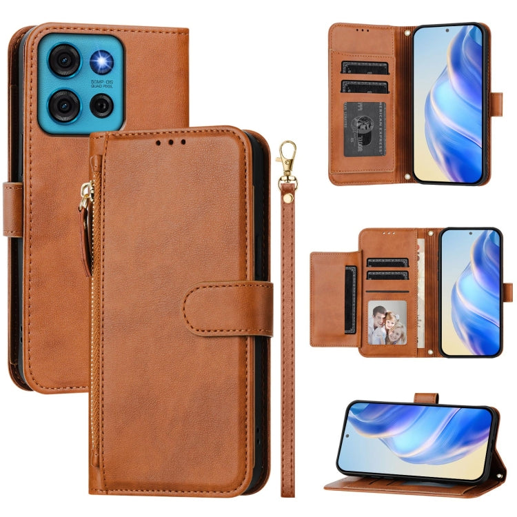 Brown leather wallet phone case with zipper pull, multi-card slots, and stand-ready fold