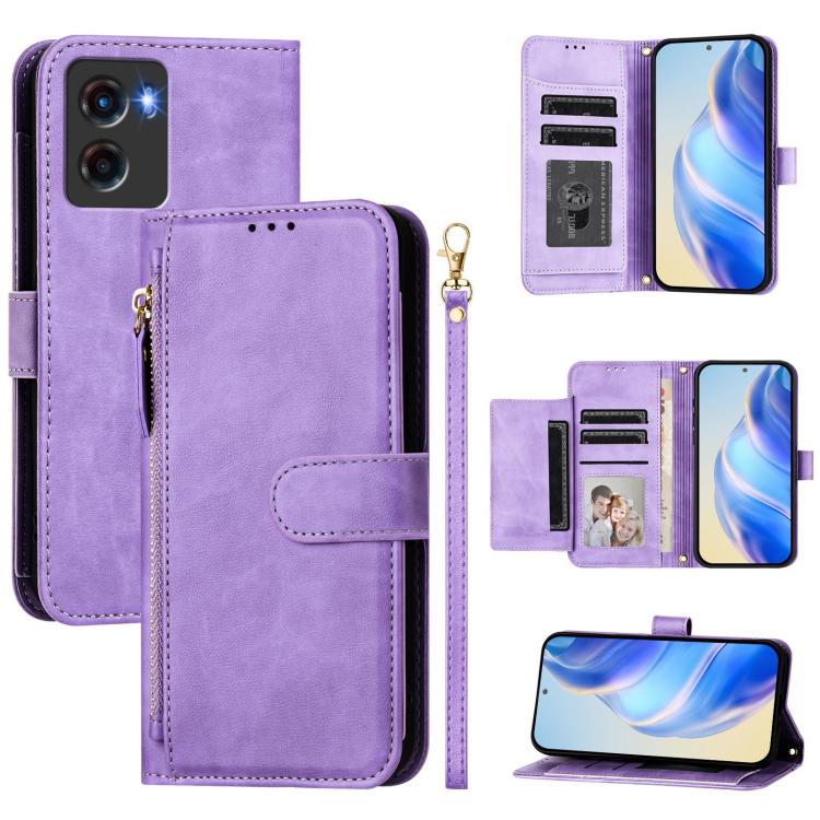Purple leather wallet phone case with zipper, multi-card slots, and foldover phone holder