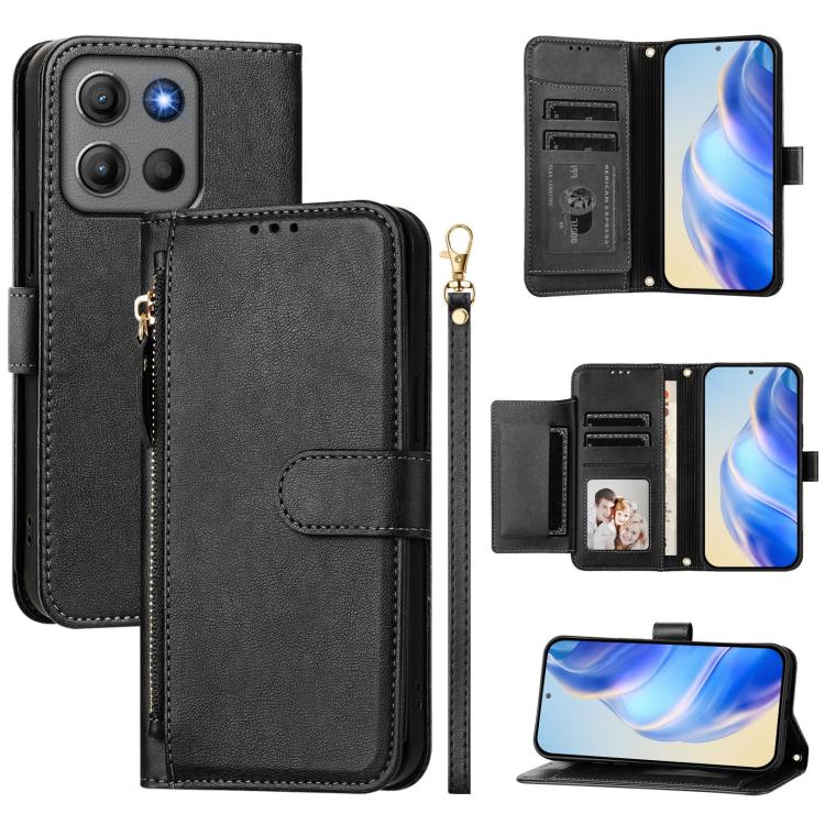 Black leather zipper wallet phone case with card slots, ID window, and flip cover.