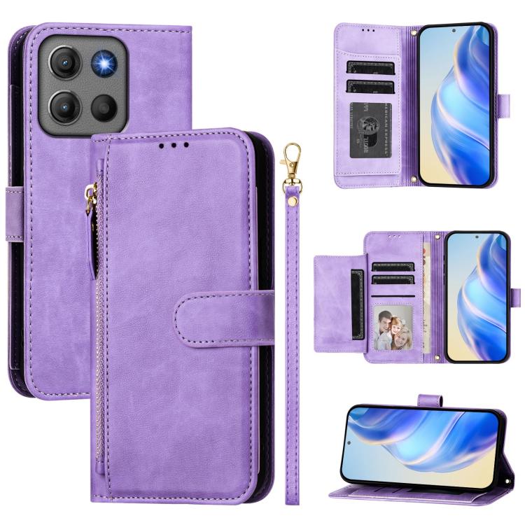 Purple leather zipper wallet phone case showing interior card slots and ID pocket.