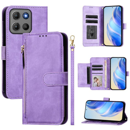 Purple leather zipper wallet phone case showing interior card slots and ID pocket.