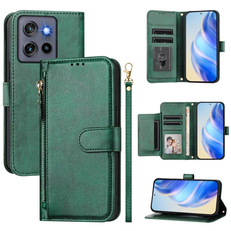 Green leather zipper phone wallet with multi card slots and stand folio