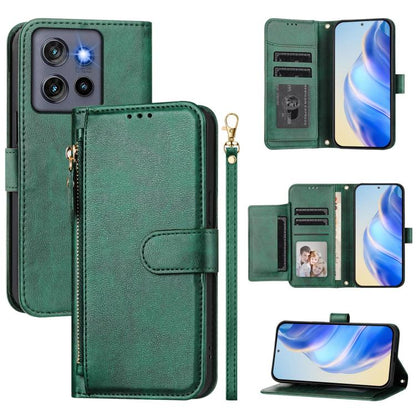 Green leather zipper phone wallet with multi card slots and stand folio