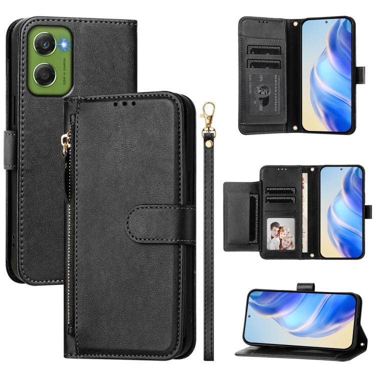 Black leather zipper wallet phone case with card slots and ID window