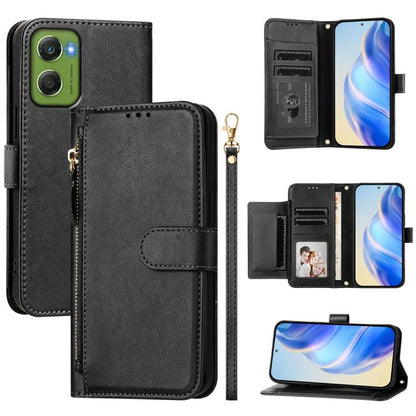 Black leather zipper wallet phone case with card slots and ID window